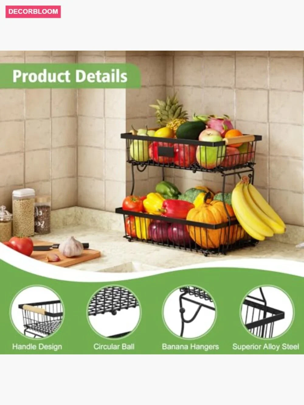 2 Tier Fruit Basket with Banana Hangers, Countertop Metal Storage Stand